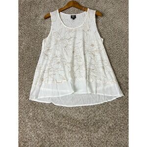 Bobeau Womens XL White Tan Floral Tank Top High Low Sheer Hem Sleeveless Blouse